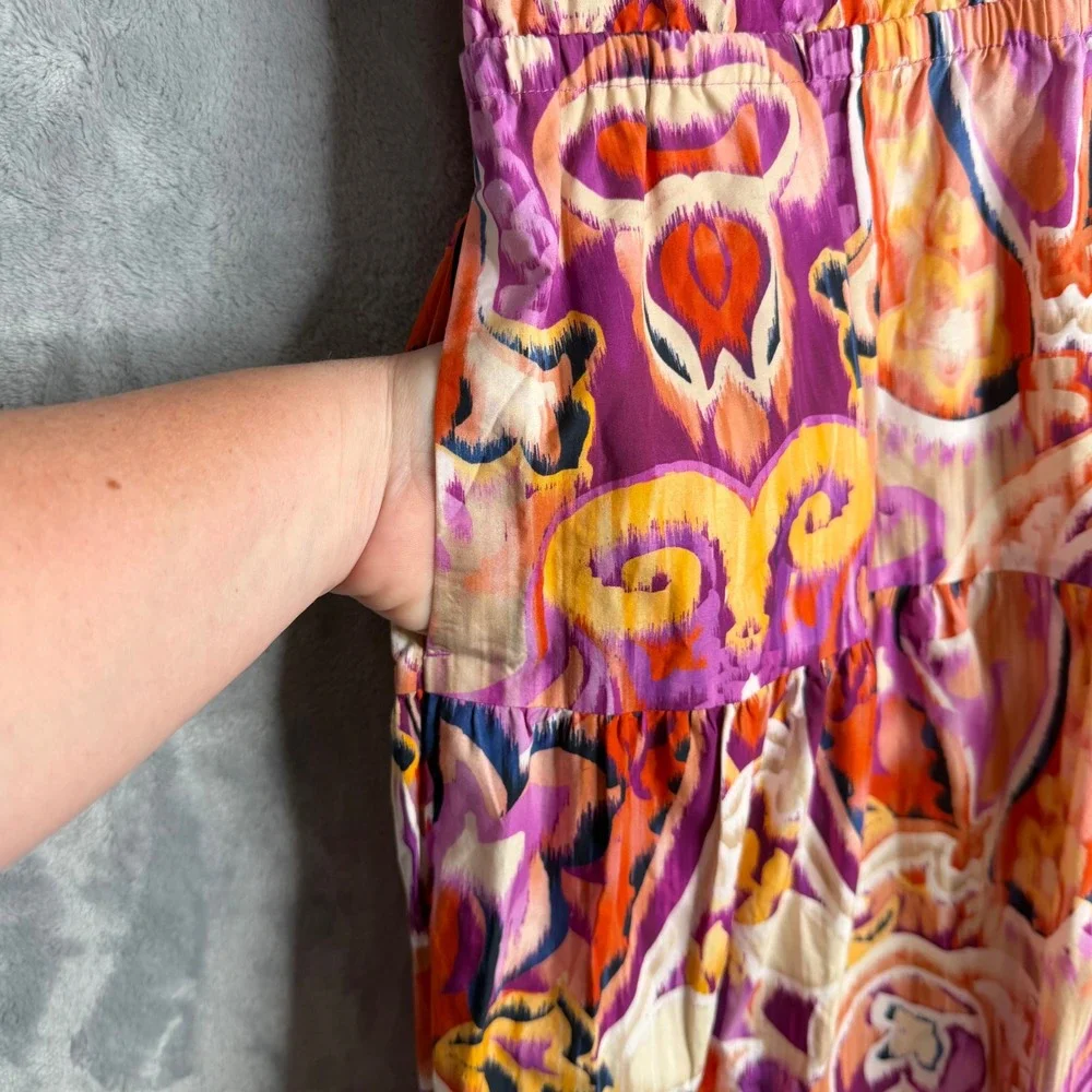 Chicos 40th Anniversary Paisley Tiered Dress Womens 12 Multi Color Puff Sleeve‎